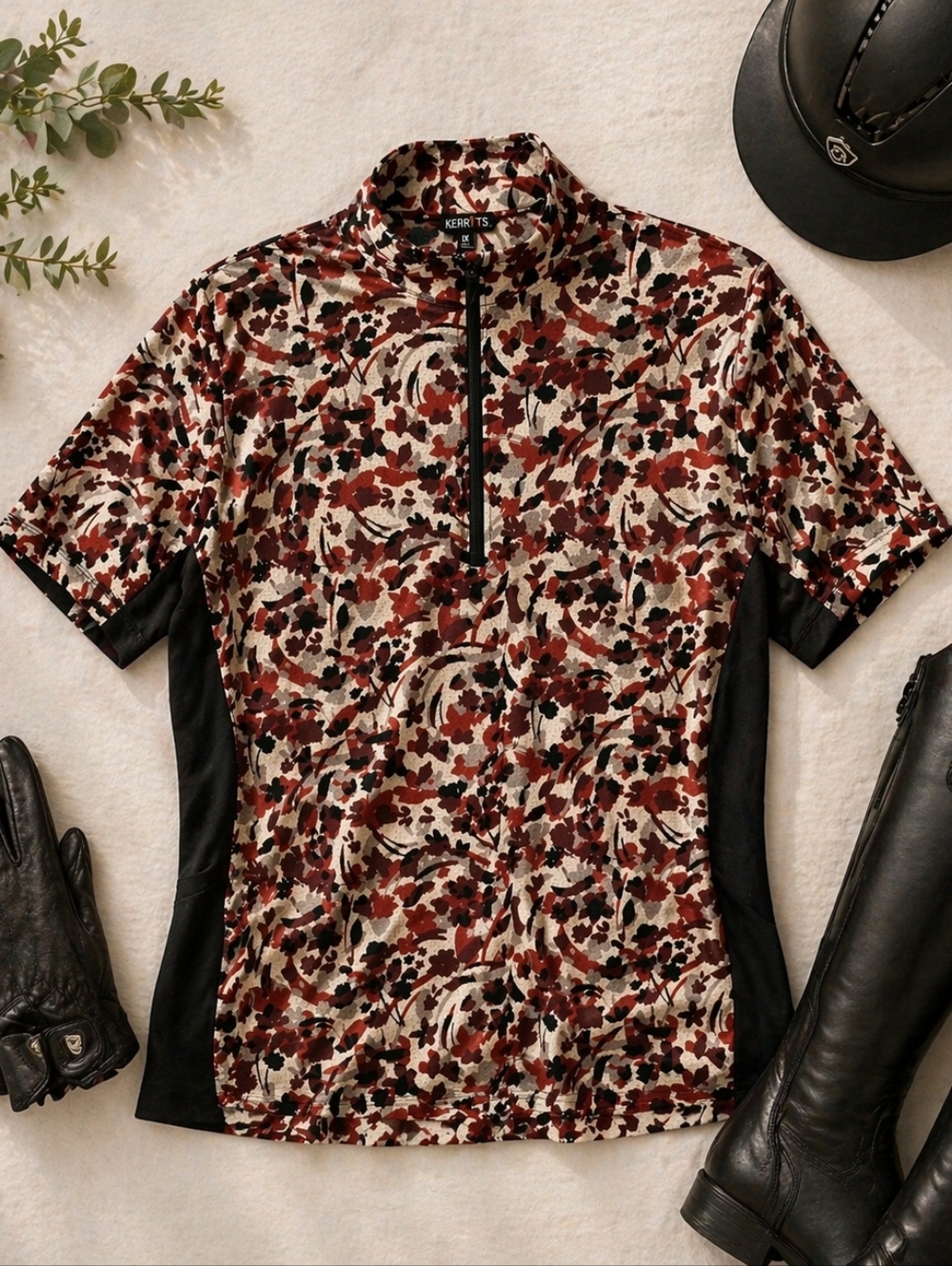 Kerrits Breeze Ice Fit S Sleeve Equestrian Shirt Rust Black Floral. Ladies 1XL